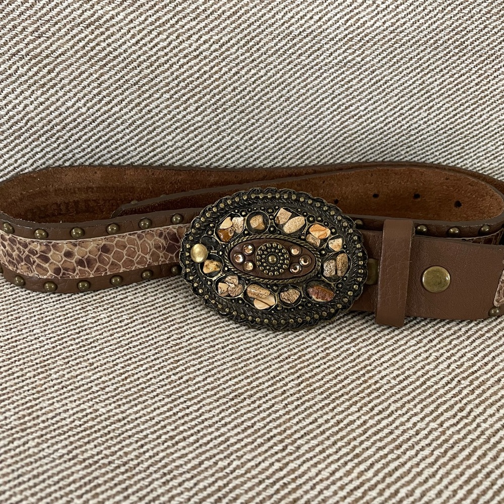 Leatherock snakeskin (patent leather), brass studs, stone encrusted buckle